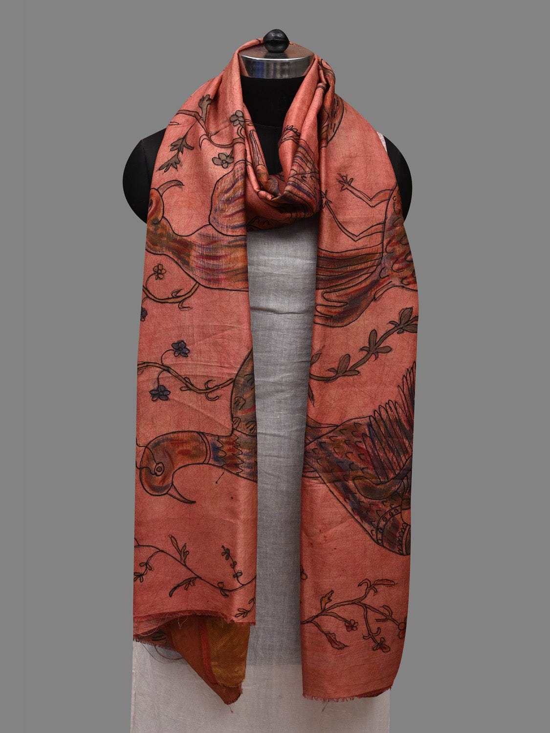 Peach Kalamkari Hand Painted Kanchipuram Silk Handloom Dupatta with Birds Design - Global Threads | Grocsy