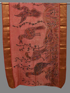 Peach Kalamkari Hand Painted Kanchipuram Silk Handloom Dupatta with Birds Design - Global Threads | Grocsy