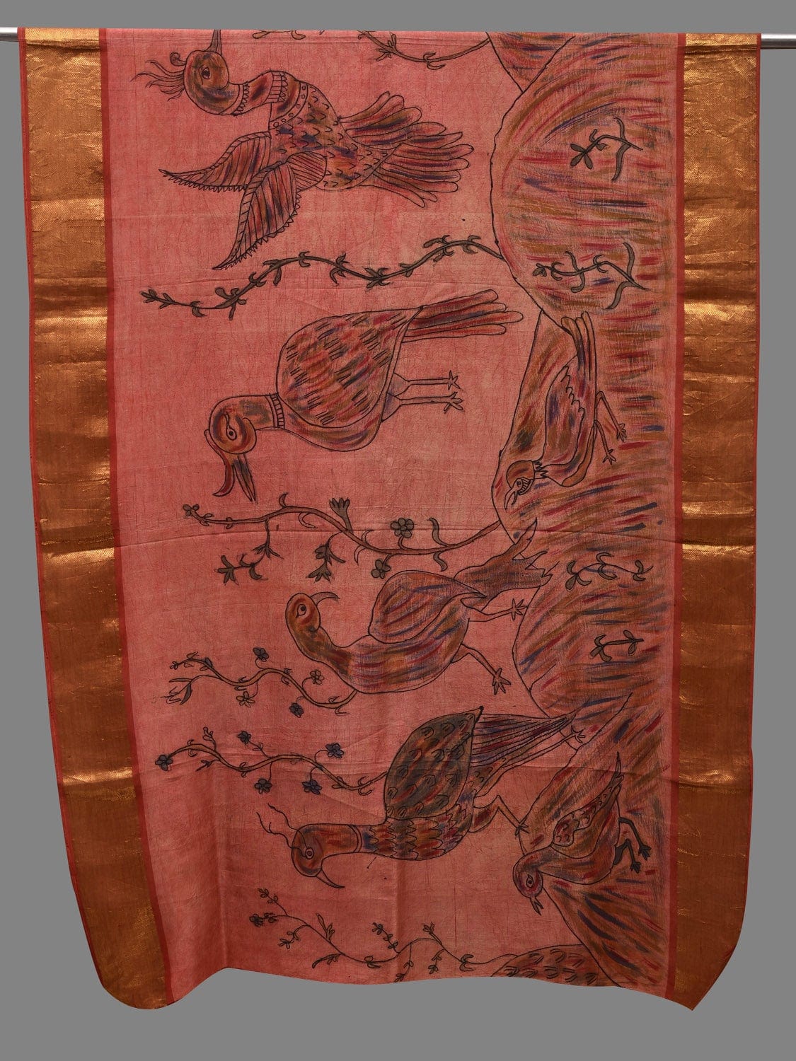 Peach Kalamkari Hand Painted Kanchipuram Silk Handloom Dupatta with Birds Design - Global Threads | Grocsy