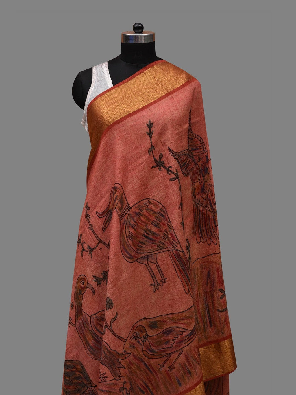 Peach Kalamkari Hand Painted Kanchipuram Silk Handloom Dupatta with Birds Design - Global Threads | Grocsy