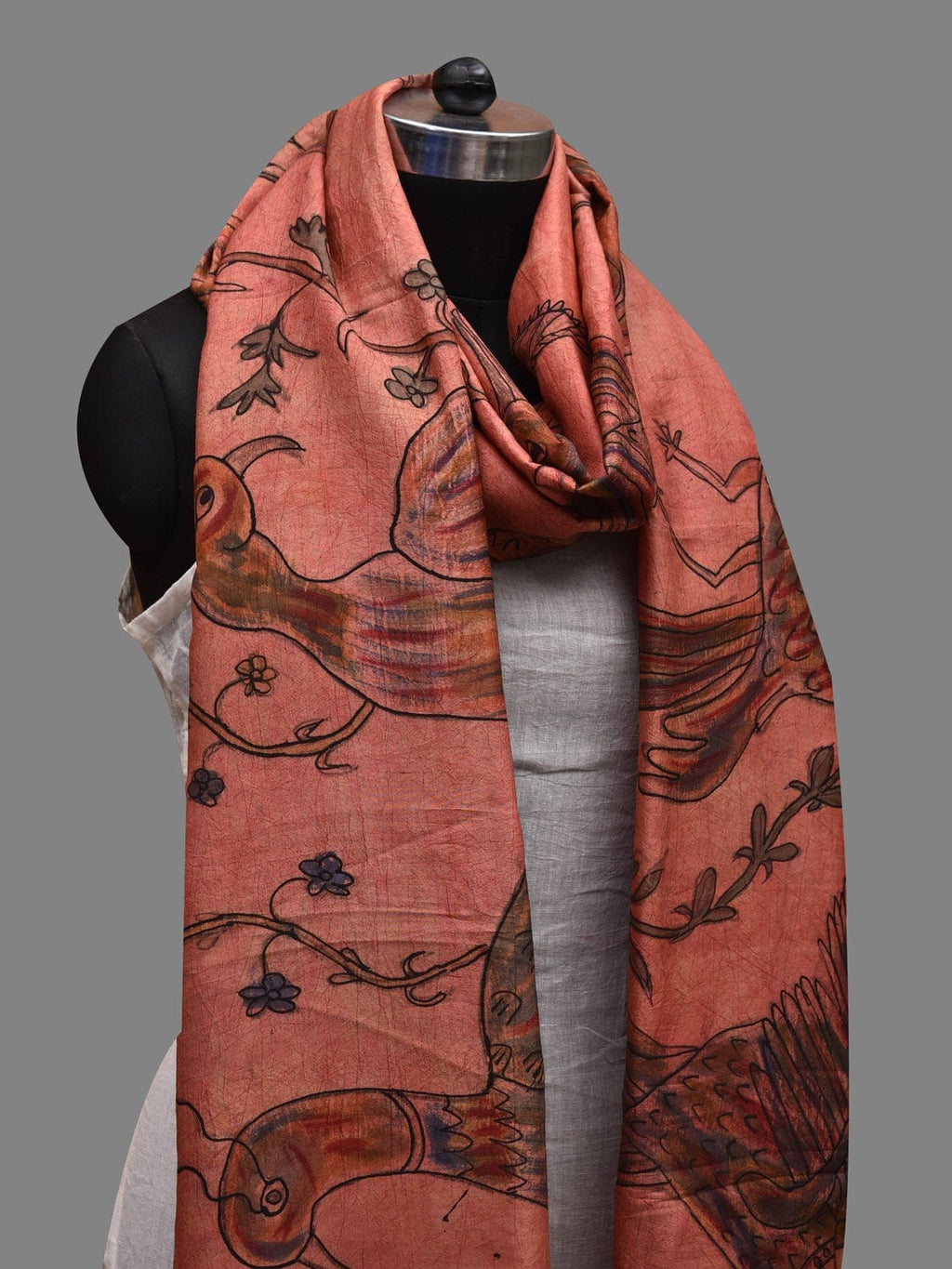 Peach Kalamkari Hand Painted Kanchipuram Silk Handloom Dupatta with Birds Design - Global Threads | Grocsy