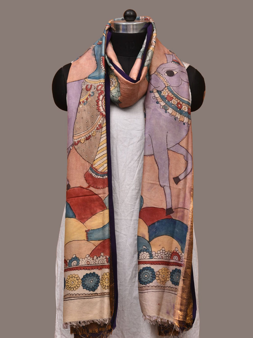 Peach Kalamkari Hand Painted Kanchipuram Silk Handloom Dupatta with Krishna and Cow Design - Global Threads | Grocsy