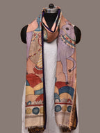 Peach Kalamkari Hand Painted Kanchipuram Silk Handloom Dupatta with Krishna and Cow Design - Global Threads | Grocsy