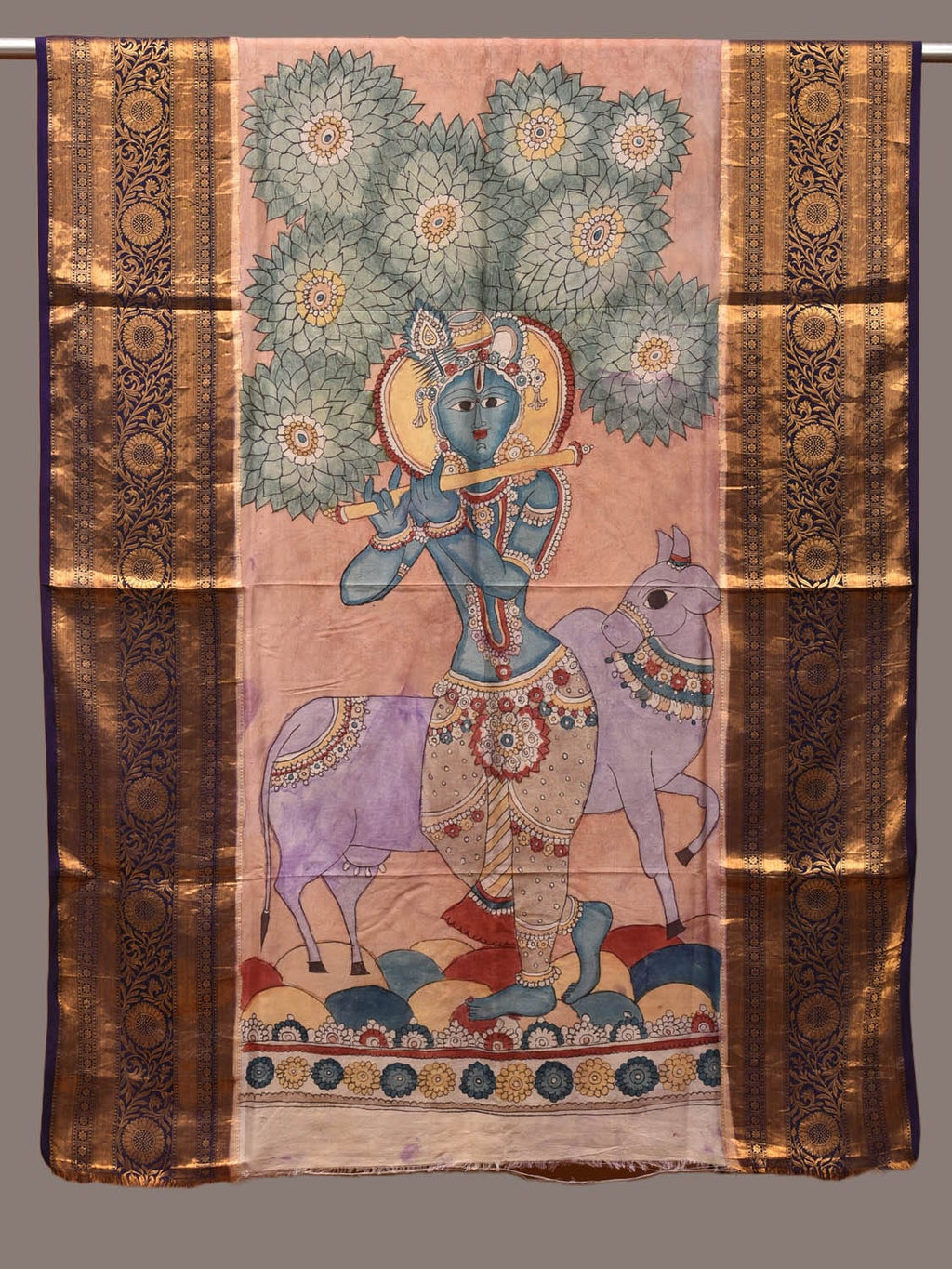 Peach Kalamkari Hand Painted Kanchipuram Silk Handloom Dupatta with Krishna and Cow Design - Global Threads | Grocsy