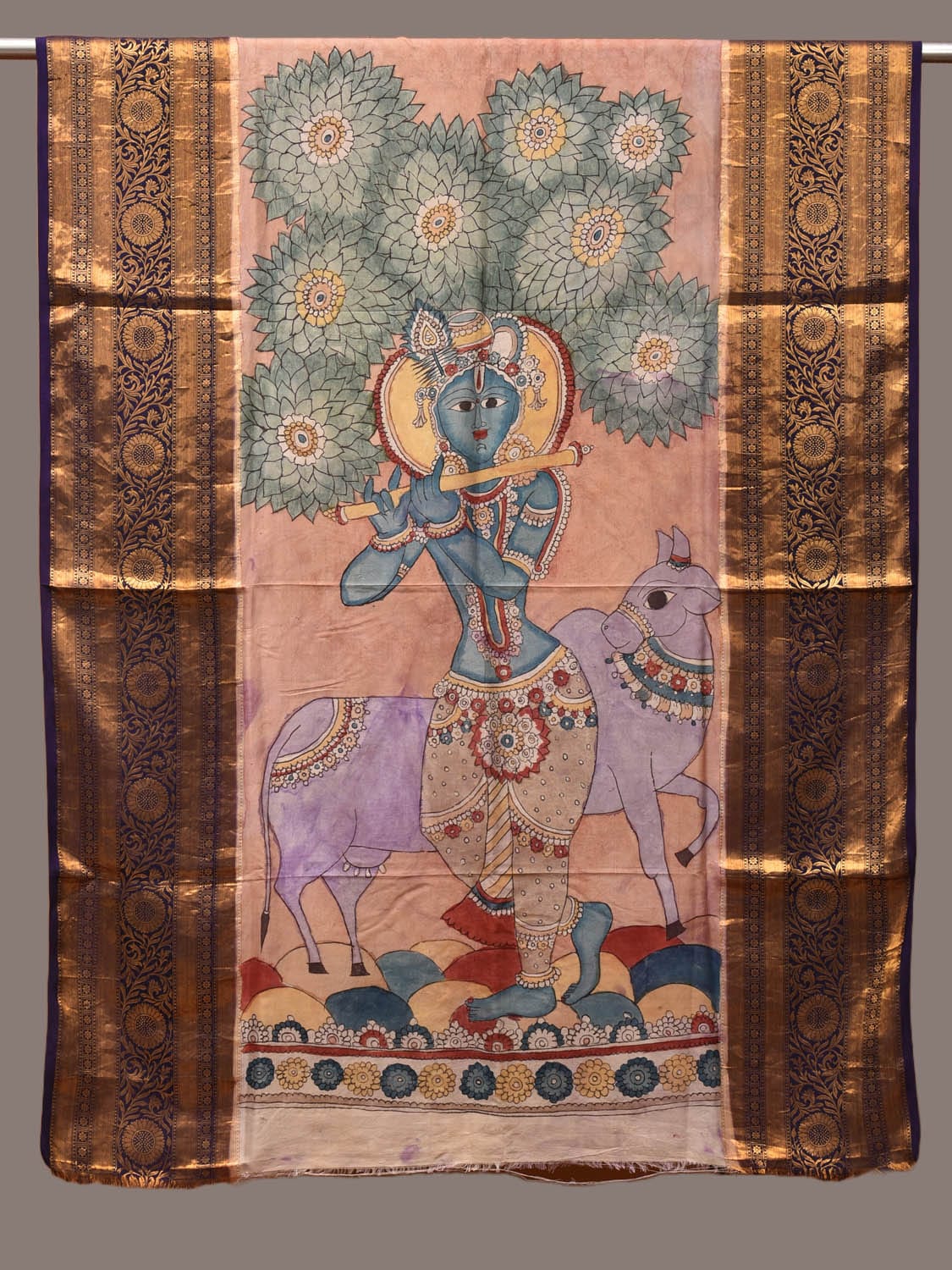Peach Kalamkari Hand Painted Kanchipuram Silk Handloom Dupatta with Krishna and Cow Design - Global Threads | Grocsy