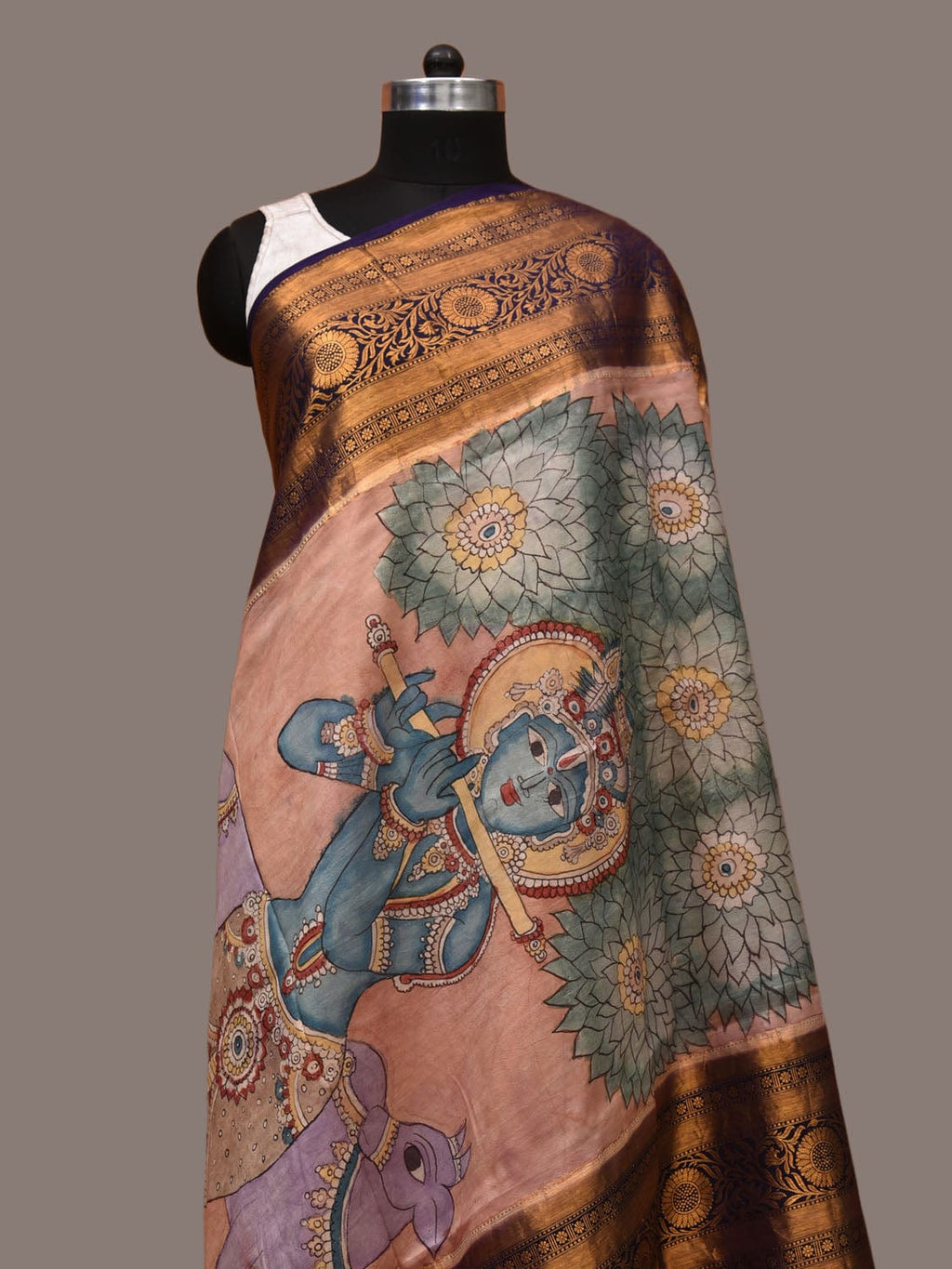 Peach Kalamkari Hand Painted Kanchipuram Silk Handloom Dupatta with Krishna and Cow Design - Global Threads | Grocsy