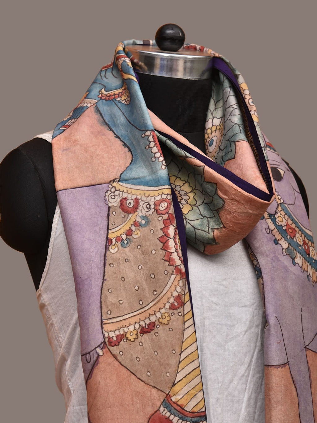 Peach Kalamkari Hand Painted Kanchipuram Silk Handloom Dupatta with Krishna and Cow Design - Global Threads | Grocsy