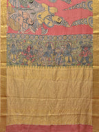 Peach Kalamkari Hand Painted Kanchipuram Silk Handloom Saree with Ramayana Design - Global Threads | Grocsy