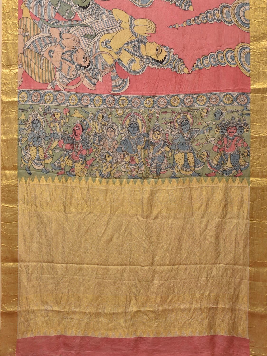 Peach Kalamkari Hand Painted Kanchipuram Silk Handloom Saree with Ramayana Design - Global Threads | Grocsy