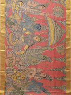 Peach Kalamkari Hand Painted Kanchipuram Silk Handloom Saree with Ramayana Design - Global Threads | Grocsy