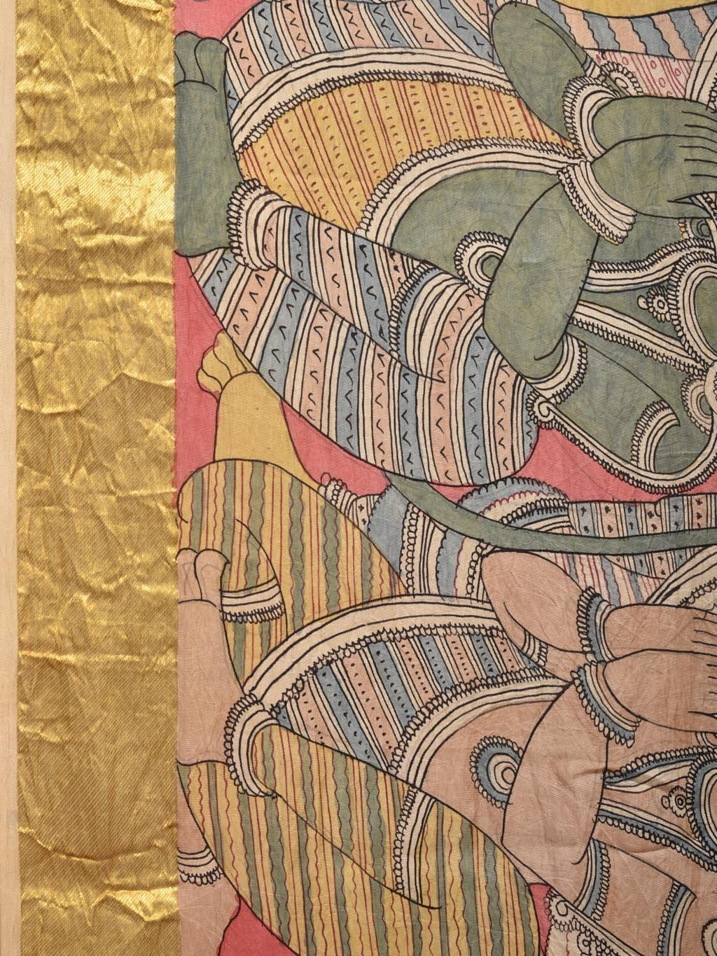Peach Kalamkari Hand Painted Kanchipuram Silk Handloom Saree with Ramayana Design - Global Threads | Grocsy