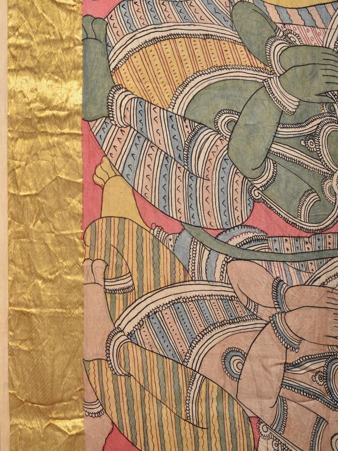 Peach Kalamkari Hand Painted Kanchipuram Silk Handloom Saree with Ramayana Design - Global Threads | Grocsy