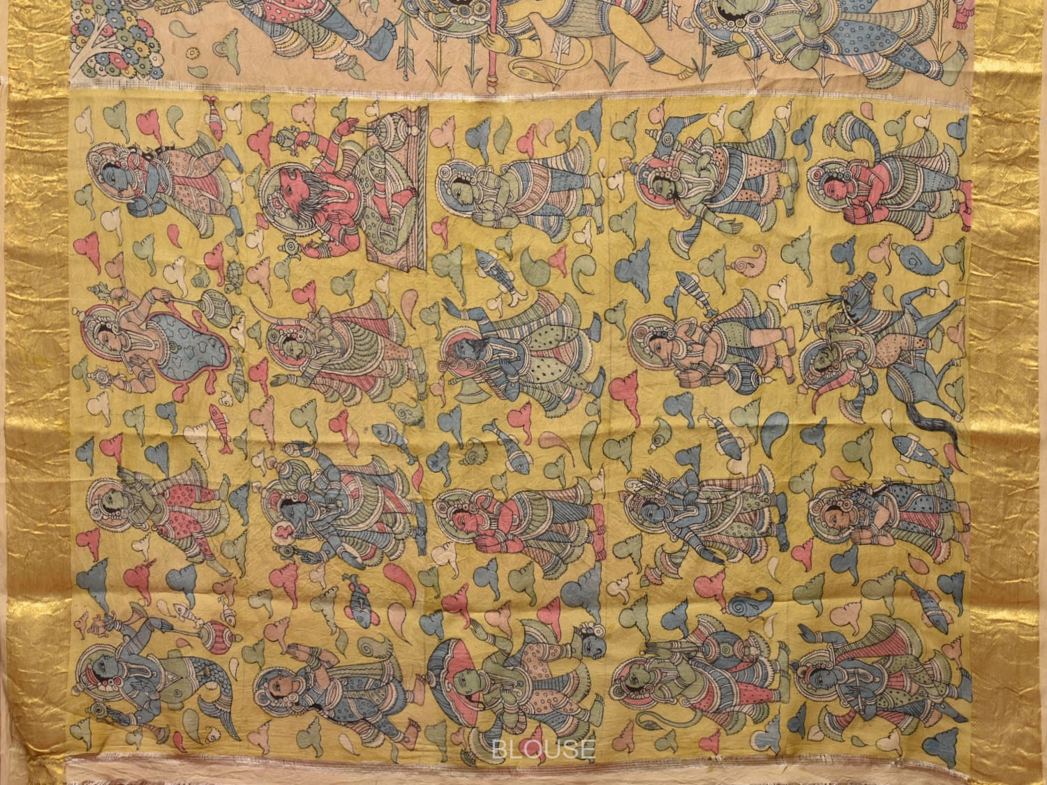 Peach Kalamkari Hand Painted Kanchipuram Silk Handloom Saree with Ramayana Design - Global Threads | Grocsy