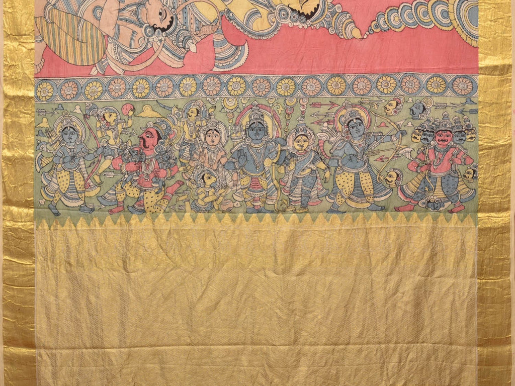 Peach Kalamkari Hand Painted Kanchipuram Silk Handloom Saree with Ramayana Design - Global Threads | Grocsy