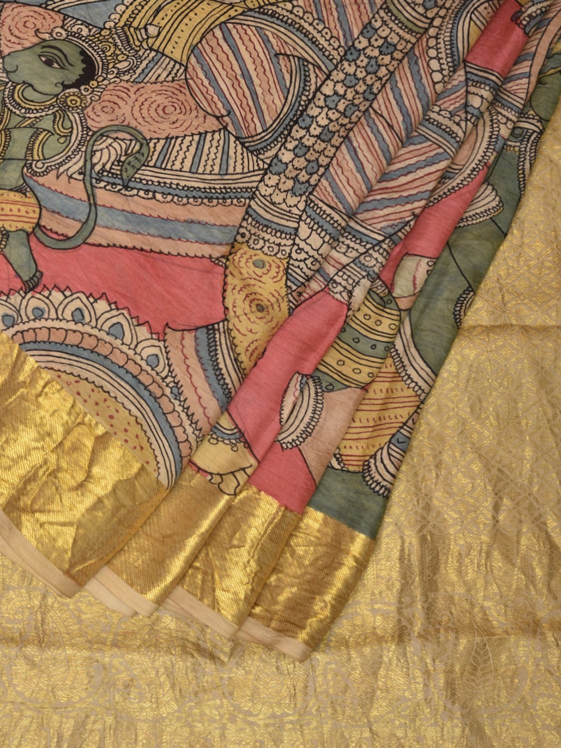 Peach Kalamkari Hand Painted Kanchipuram Silk Handloom Saree with Ramayana Design - Global Threads | Grocsy