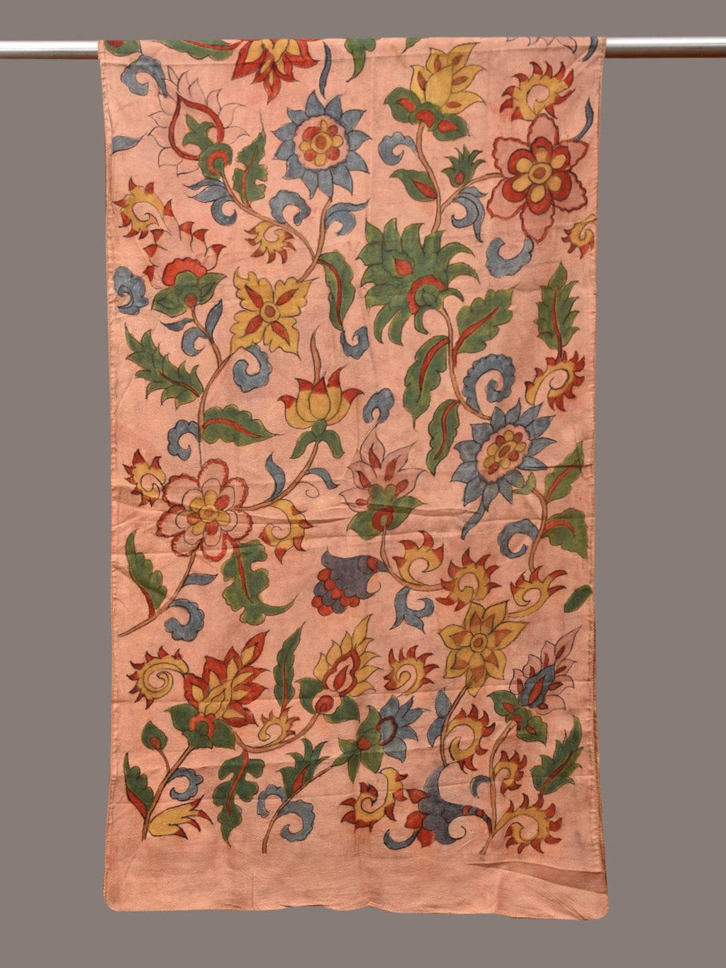 Peach Kalamkari Hand Painted Sico Stole with Floral and Birds Design - Global Threads | Grocsy