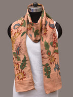 Peach Kalamkari Hand Painted Sico Stole with Floral and Birds Design - Global Threads | Grocsy