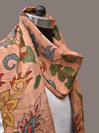 Peach Kalamkari Hand Painted Sico Stole with Floral and Birds Design - Global Threads | Grocsy