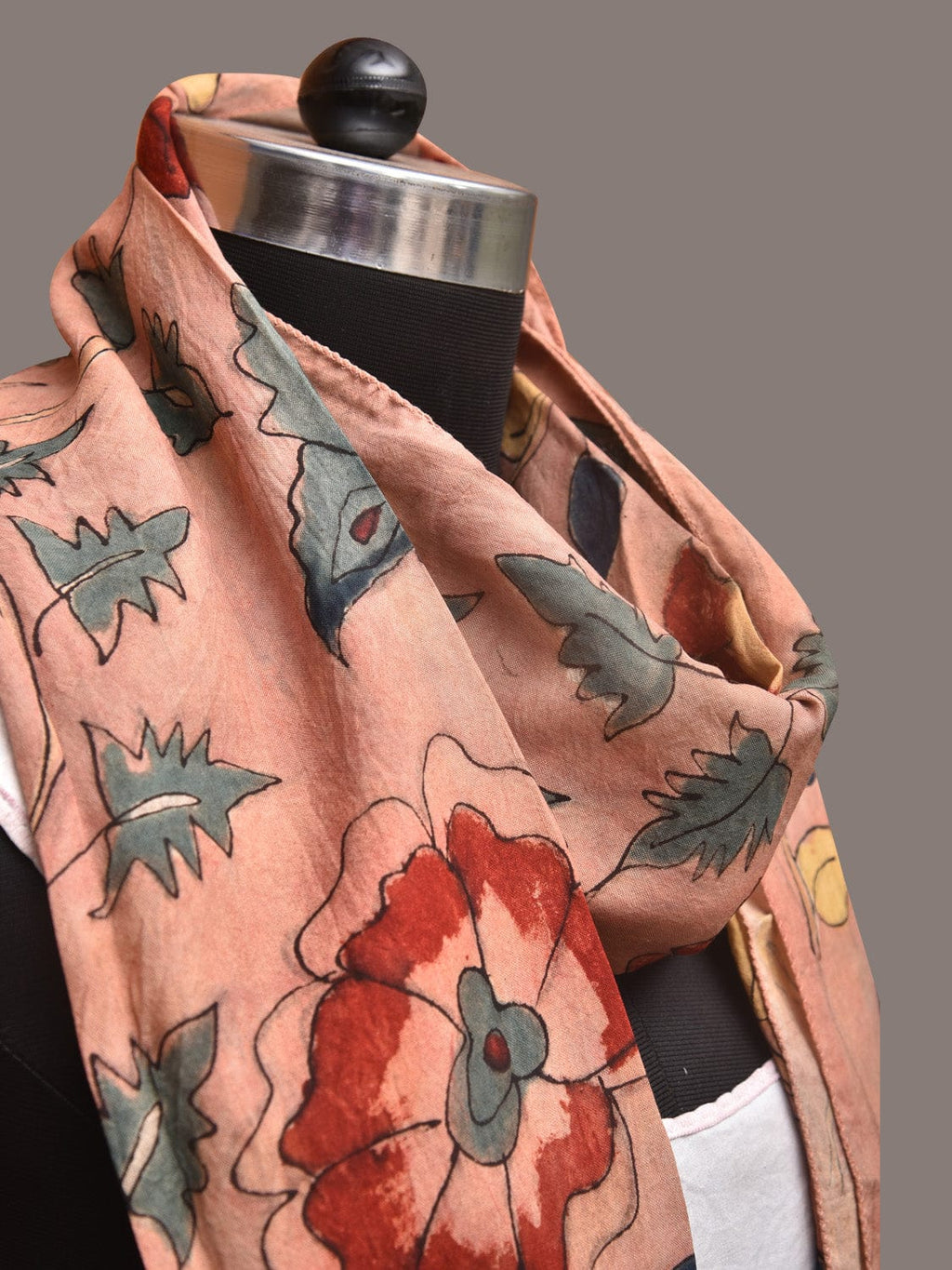 Peach Kalamkari Hand Painted Sico Stole with Floral and Birds Design - Global Threads | Grocsy