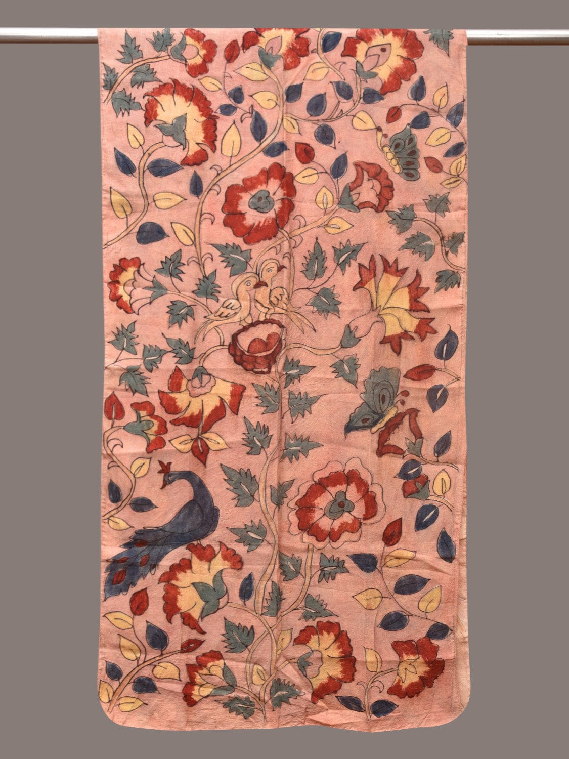 Peach Kalamkari Hand Painted Sico Stole with Floral and Birds Design - Global Threads | Grocsy