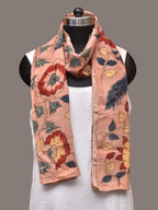 Peach Kalamkari Hand Painted Sico Stole with Floral and Birds Design - Global Threads | Grocsy
