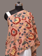 Peach Kalamkari Hand Painted Sico Stole with Floral and Birds Design - Global Threads | Grocsy