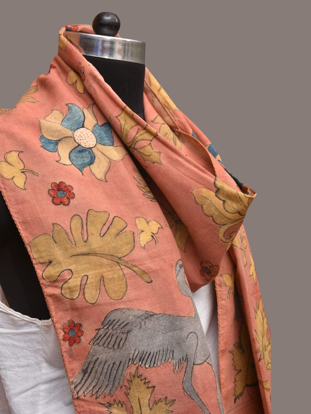 Peach Kalamkari Hand Painted Sico Stole with Floral and Birds Design - Global Threads | Grocsy