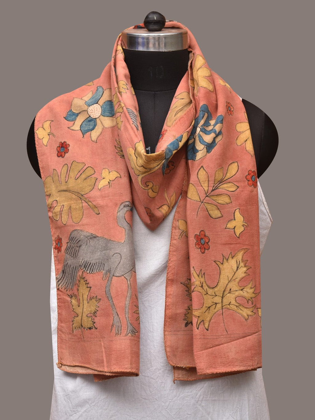 Peach Kalamkari Hand Painted Sico Stole with Floral and Birds Design - Global Threads | Grocsy