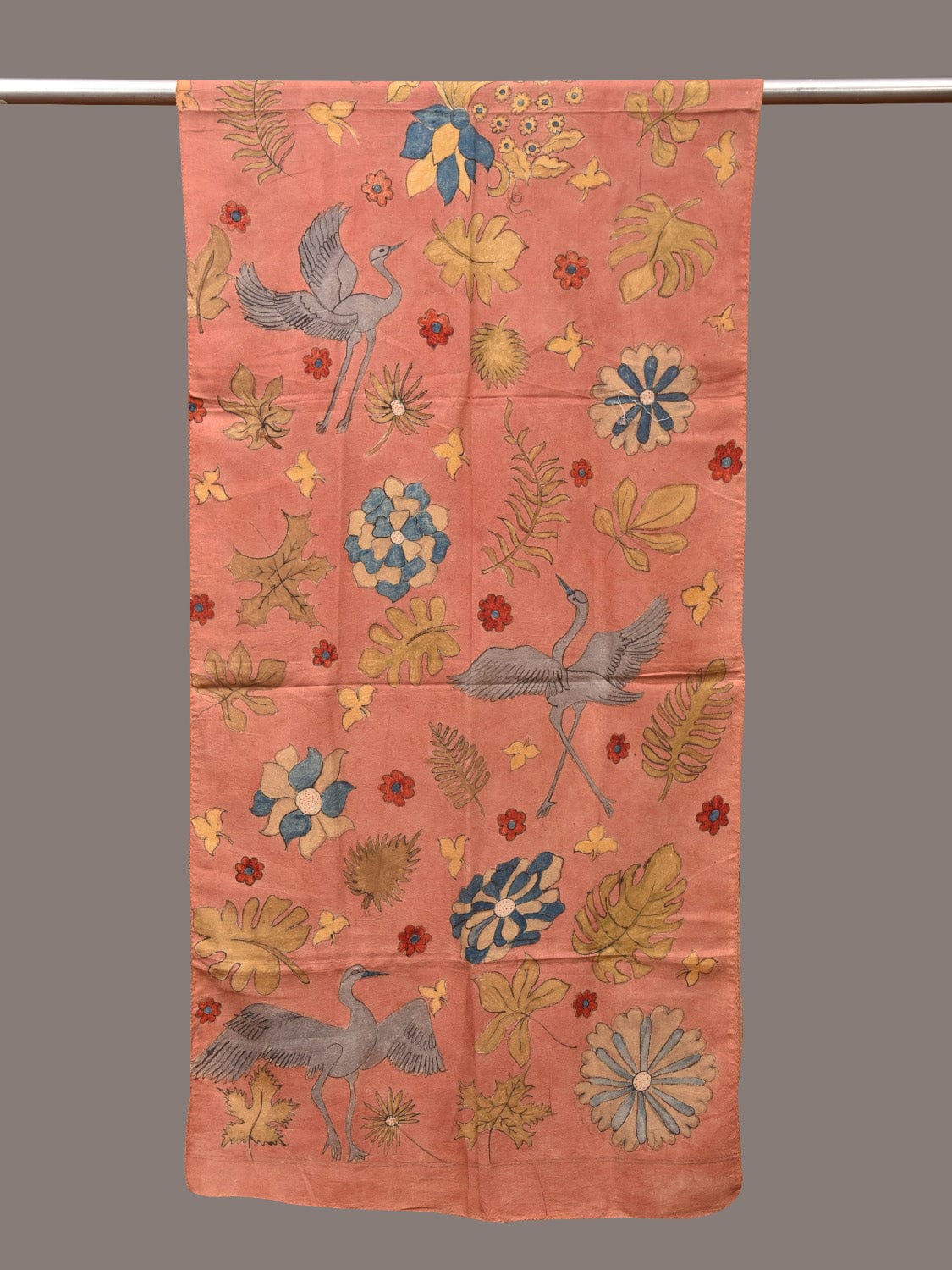 Peach Kalamkari Hand Painted Sico Stole with Floral and Birds Design - Global Threads | Grocsy
