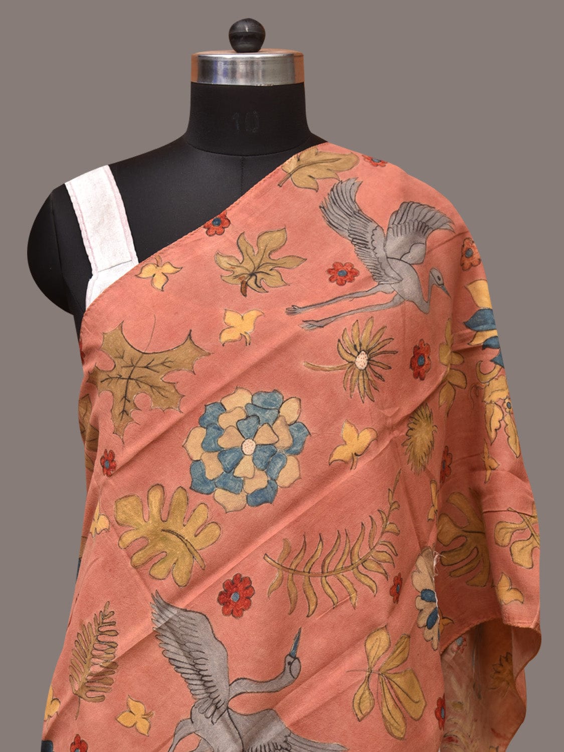 Peach Kalamkari Hand Painted Sico Stole with Floral and Birds Design - Global Threads | Grocsy