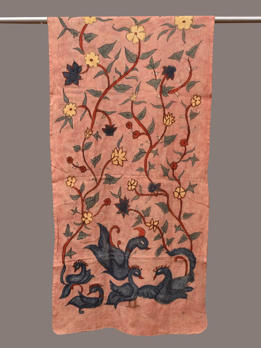 Peach Kalamkari Hand Painted Sico Stole with Floral and Birds Design - Global Threads | Grocsy