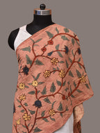 Peach Kalamkari Hand Painted Sico Stole with Floral and Birds Design - Global Threads | Grocsy