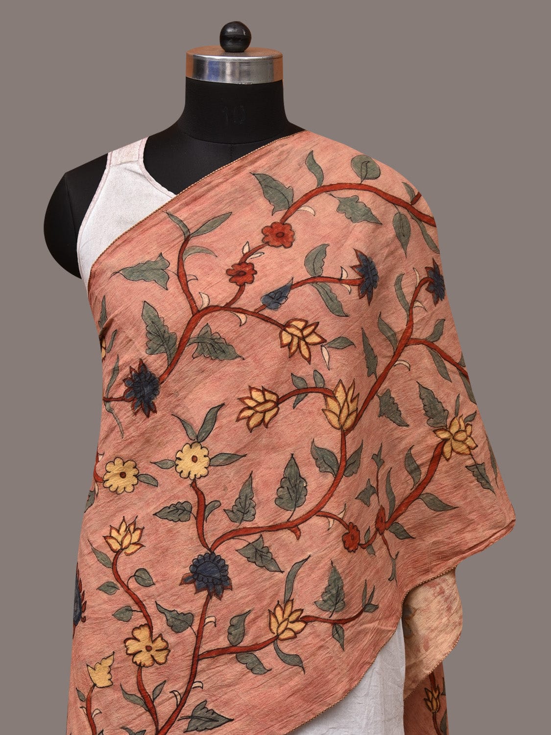 Peach Kalamkari Hand Painted Sico Stole with Floral and Birds Design - Global Threads | Grocsy