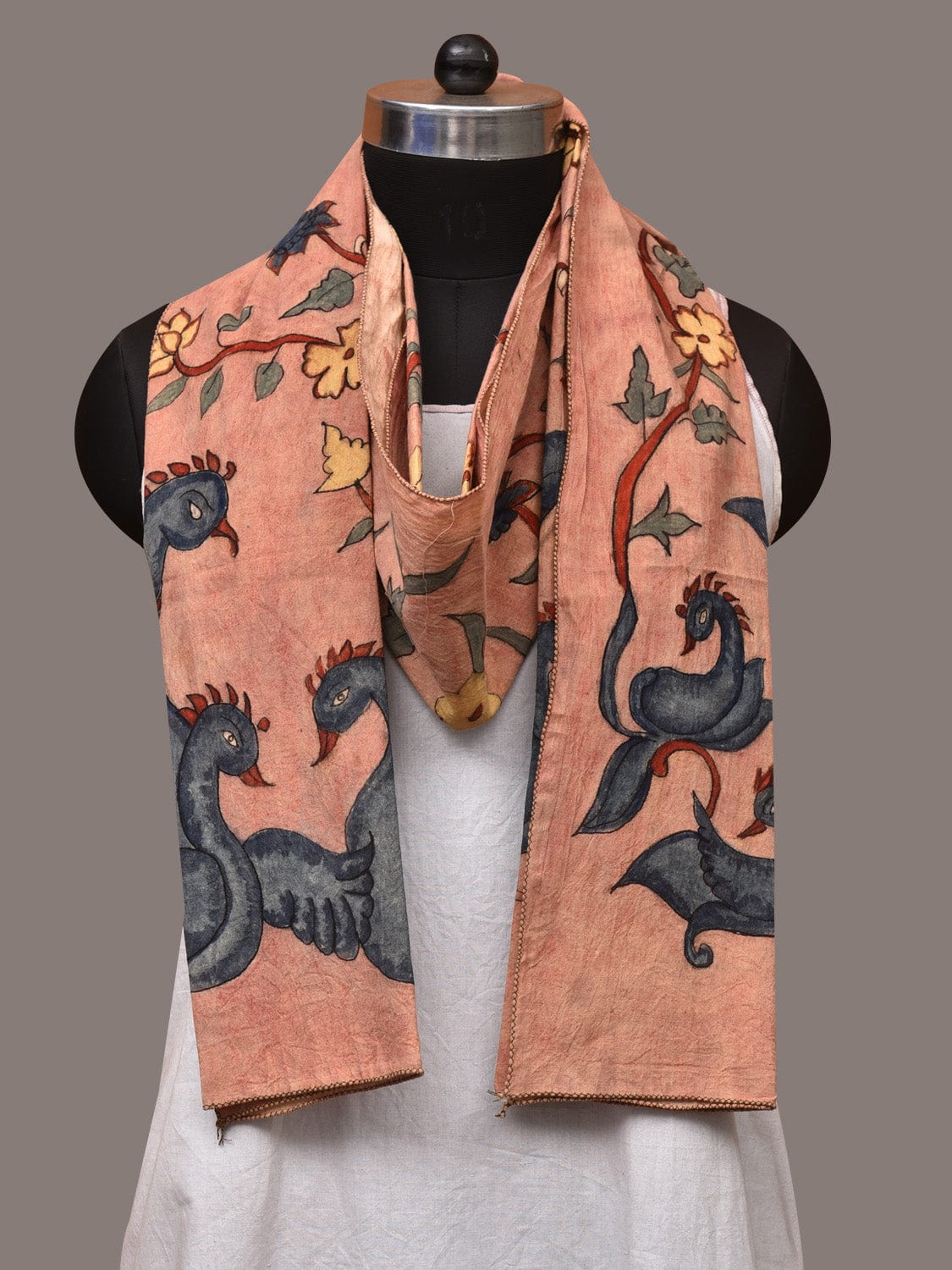 Peach Kalamkari Hand Painted Sico Stole with Floral and Birds Design - Global Threads | Grocsy