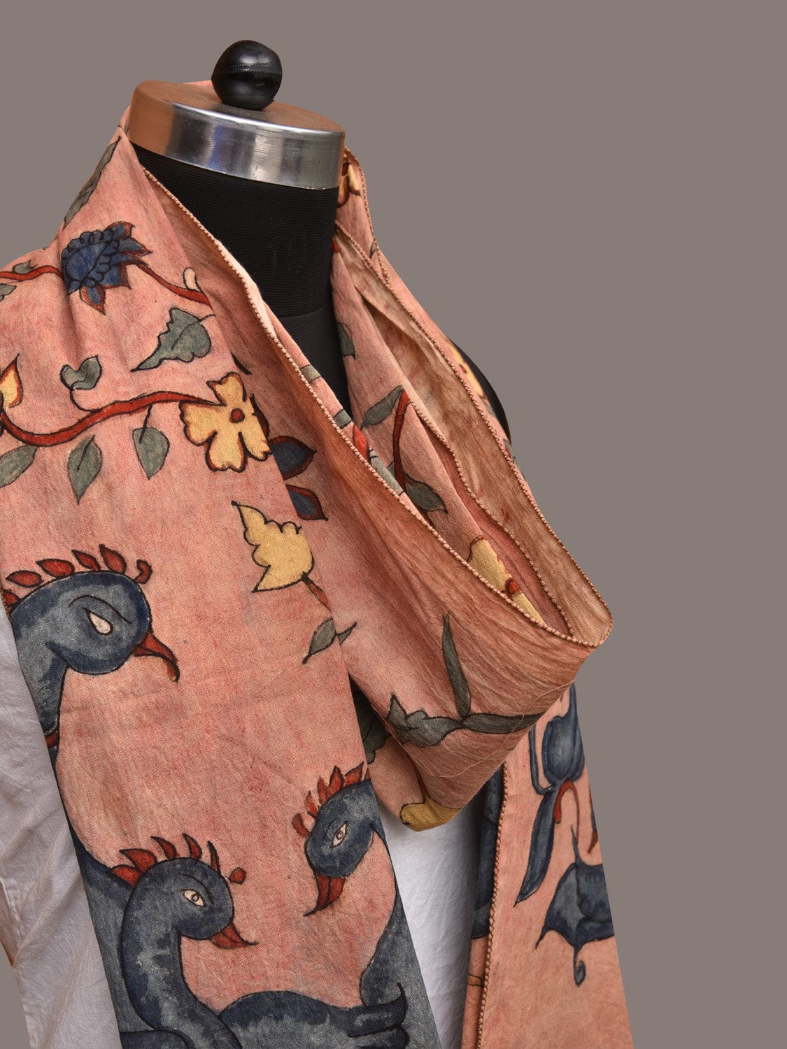 Peach Kalamkari Hand Painted Sico Stole with Floral and Birds Design - Global Threads | Grocsy