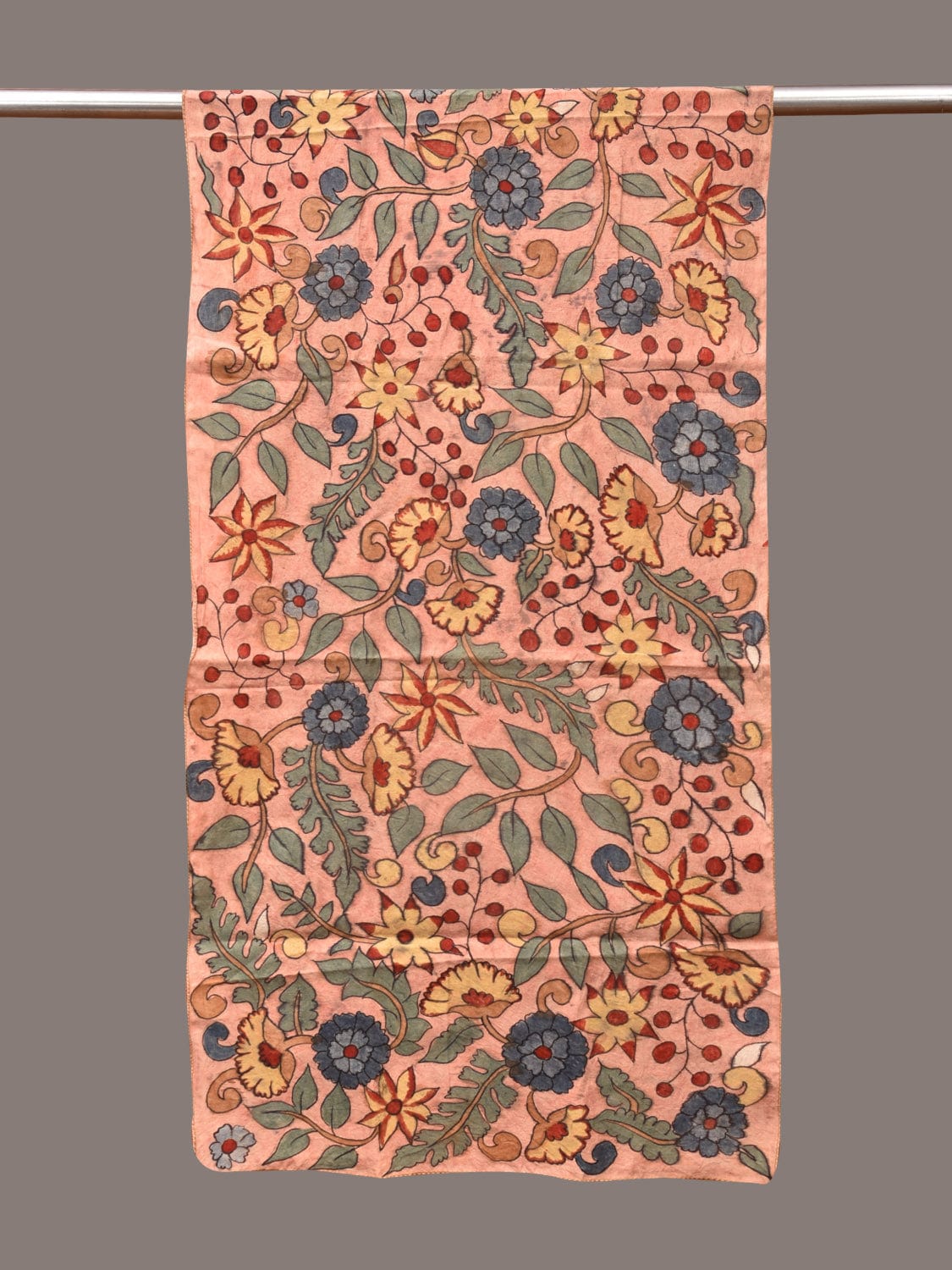 Peach Kalamkari Hand Painted Sico Stole with Floral Design - Global Threads | Grocsy