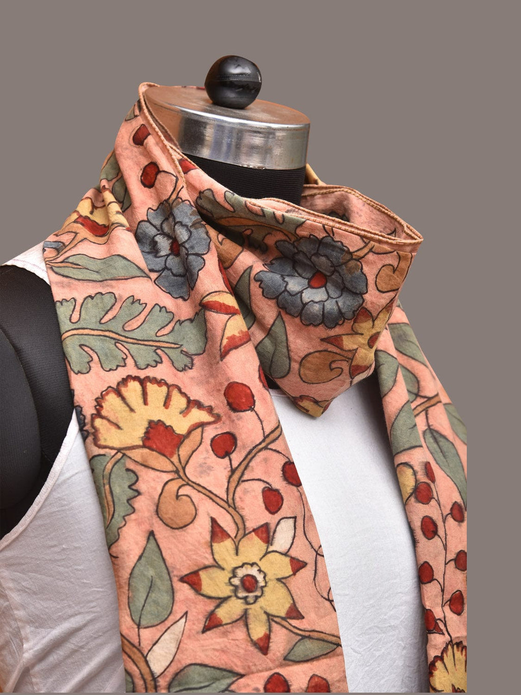 Peach Kalamkari Hand Painted Sico Stole with Floral Design - Global Threads | Grocsy
