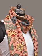 Peach Kalamkari Hand Painted Sico Stole with Floral Design - Global Threads | Grocsy