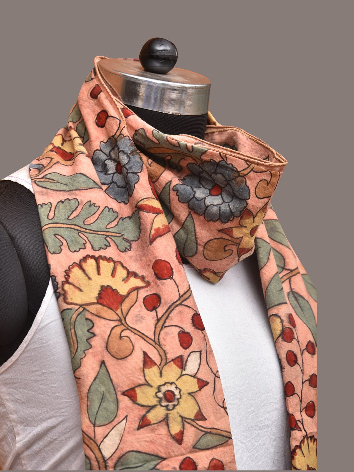 Peach Kalamkari Hand Painted Sico Stole with Floral Design - Global Threads | Grocsy