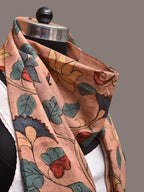 Peach Kalamkari Hand Painted Sico Stole with Floral Design - Global Threads | Grocsy