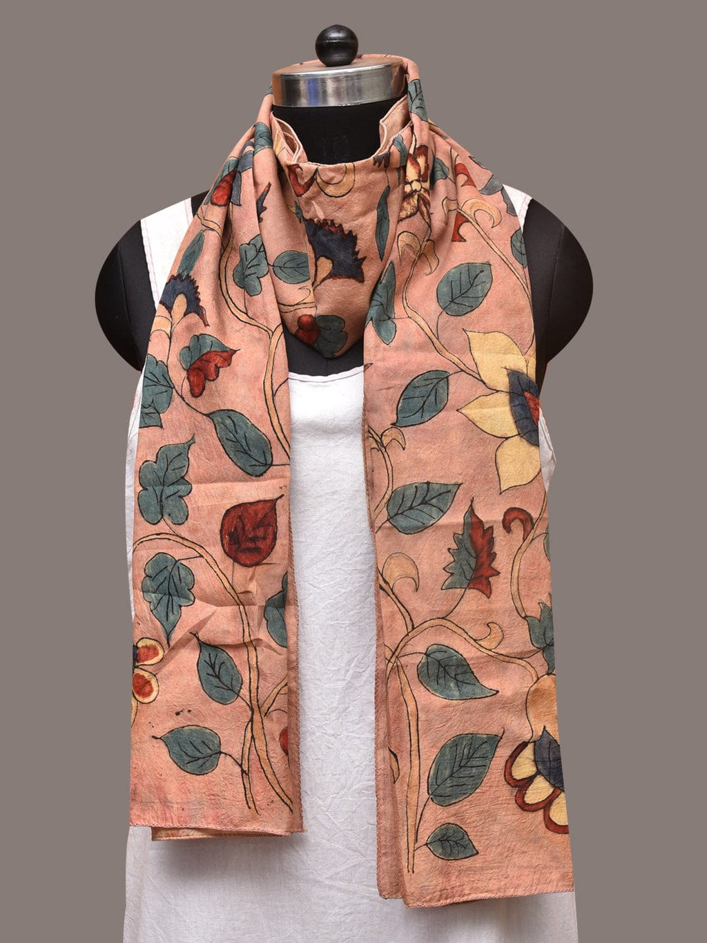 Peach Kalamkari Hand Painted Sico Stole with Floral Design - Global Threads | Grocsy