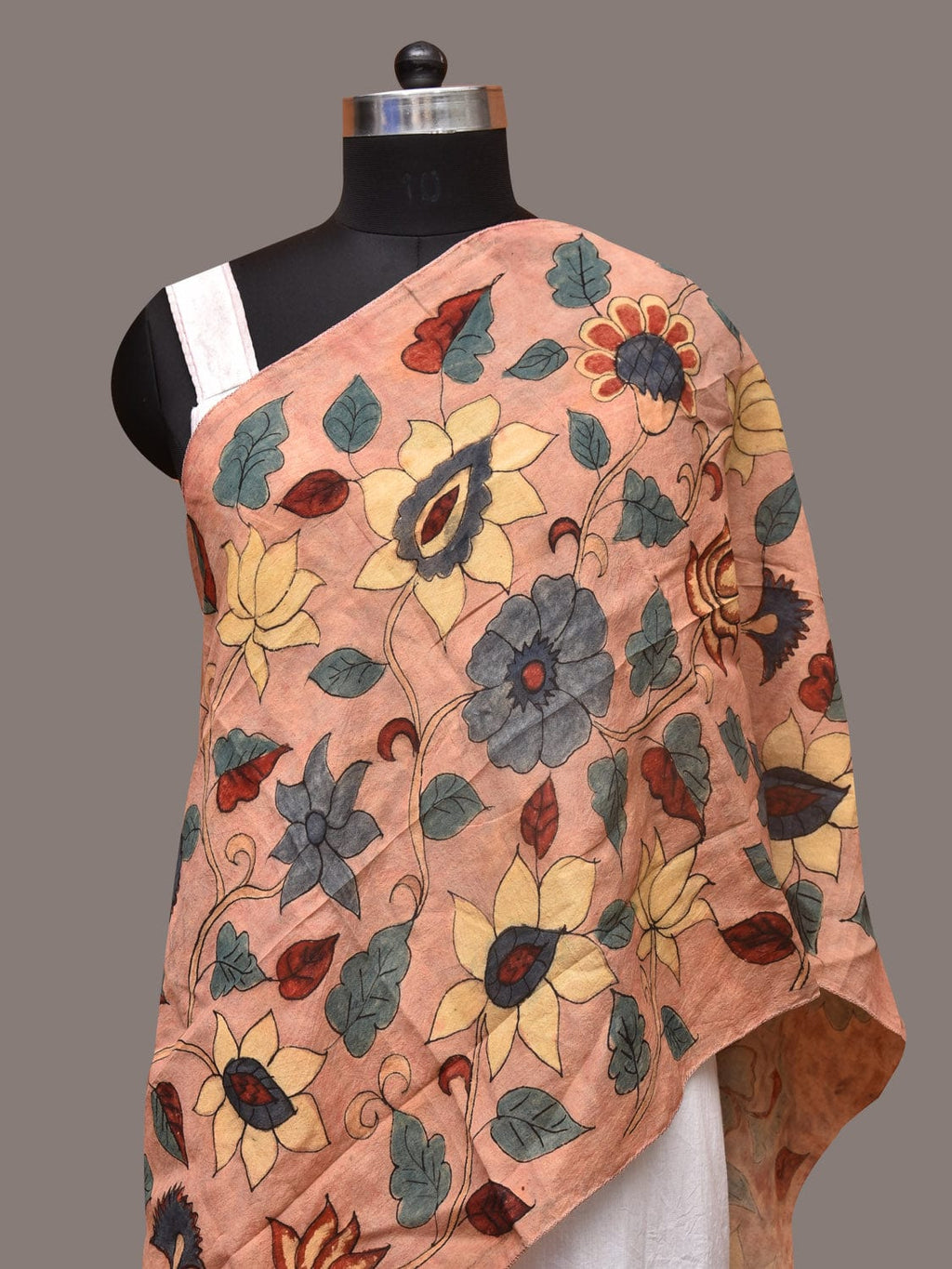 Peach Kalamkari Hand Painted Sico Stole with Floral Design - Global Threads | Grocsy