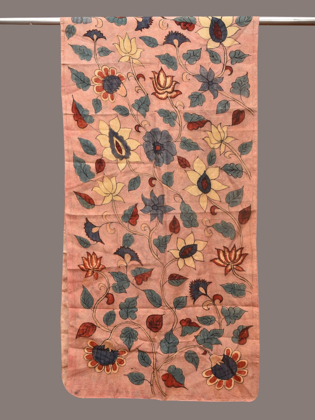 Peach Kalamkari Hand Painted Sico Stole with Floral Design - Global Threads | Grocsy