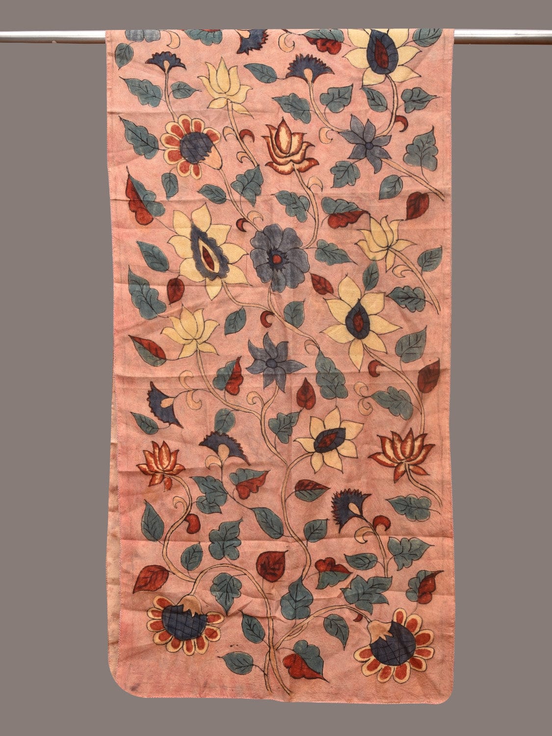 Peach Kalamkari Hand Painted Sico Stole with Floral Design - Global Threads | Grocsy