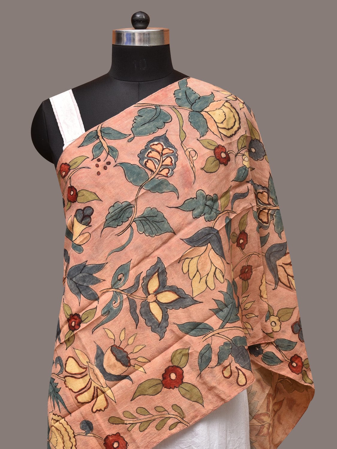 Peach Kalamkari Hand Painted Sico Stole with Floral Design - Global Threads | Grocsy