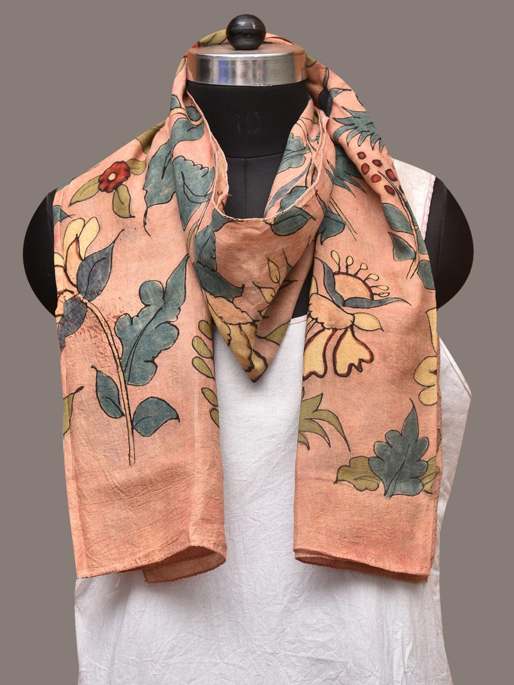 Peach Kalamkari Hand Painted Sico Stole with Floral Design - Global Threads | Grocsy