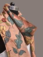 Peach Kalamkari Hand Painted Sico Stole with Floral Design - Global Threads | Grocsy