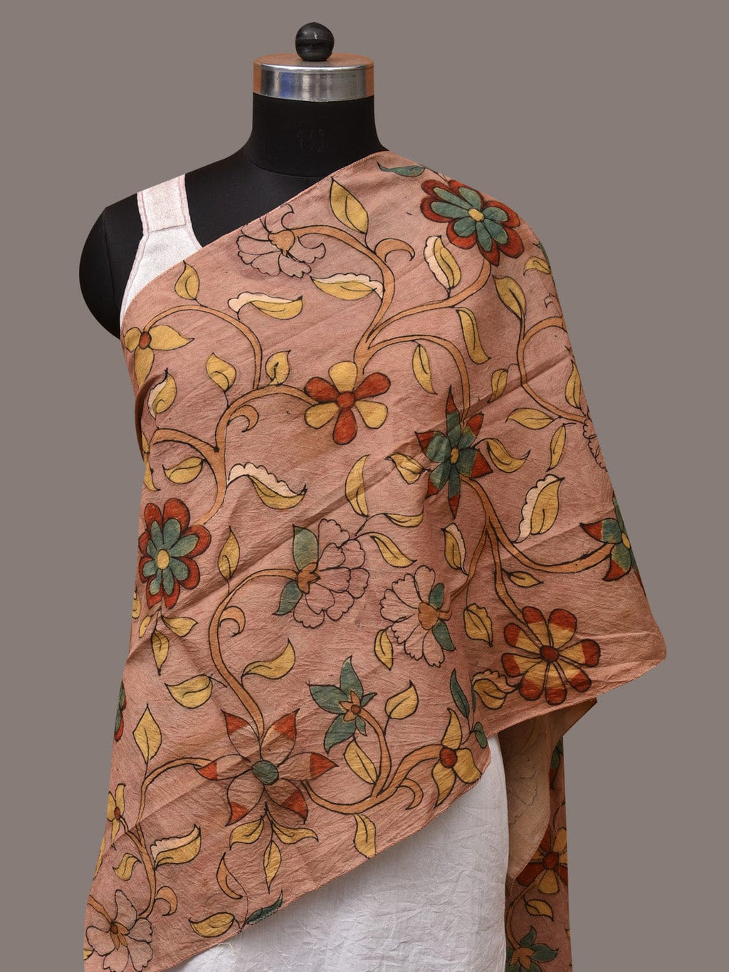 Peach Kalamkari Hand Painted Sico Stole with Floral Design - Global Threads | Grocsy