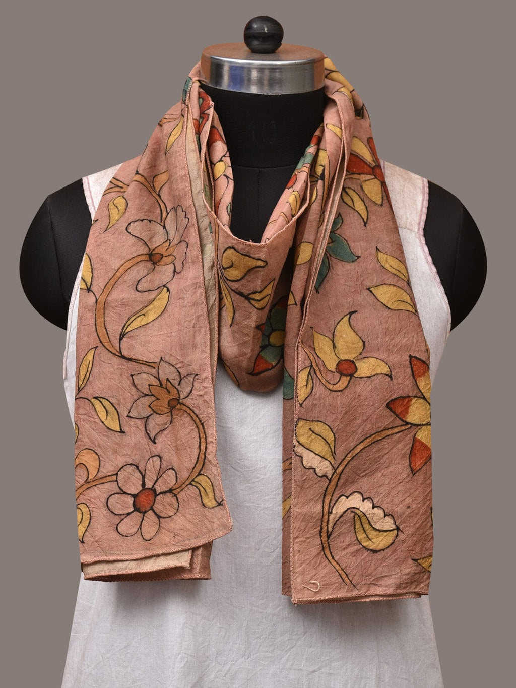 Peach Kalamkari Hand Painted Sico Stole with Floral Design - Global Threads | Grocsy
