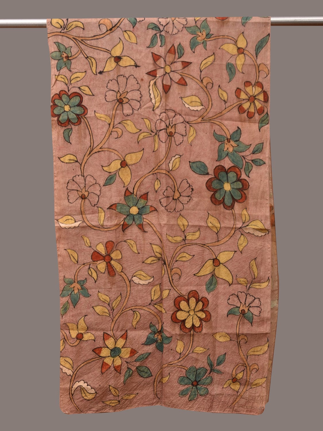 Peach Kalamkari Hand Painted Sico Stole with Floral Design - Global Threads | Grocsy